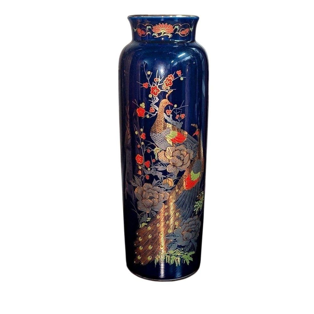 Vintage Japanese Kutani Peacock Vase 9.75" Blue Gold Floral Porcelain Metallic